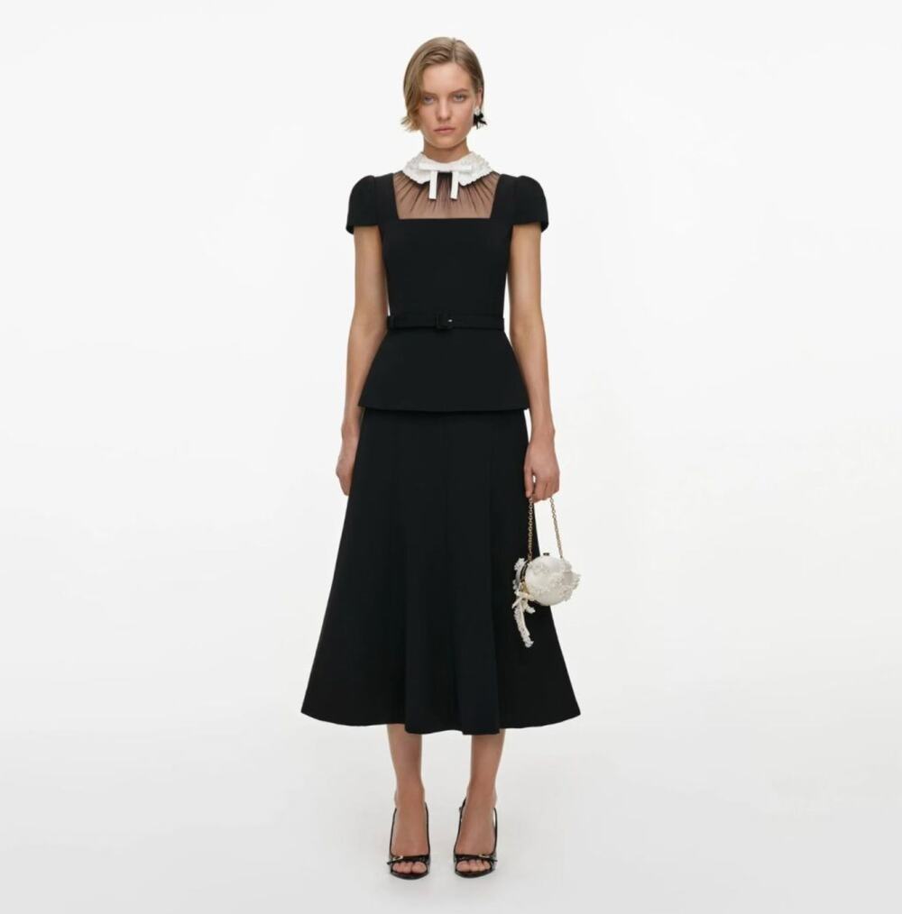 Self Portrait Black Crepe Bow Peplum Midi Dress